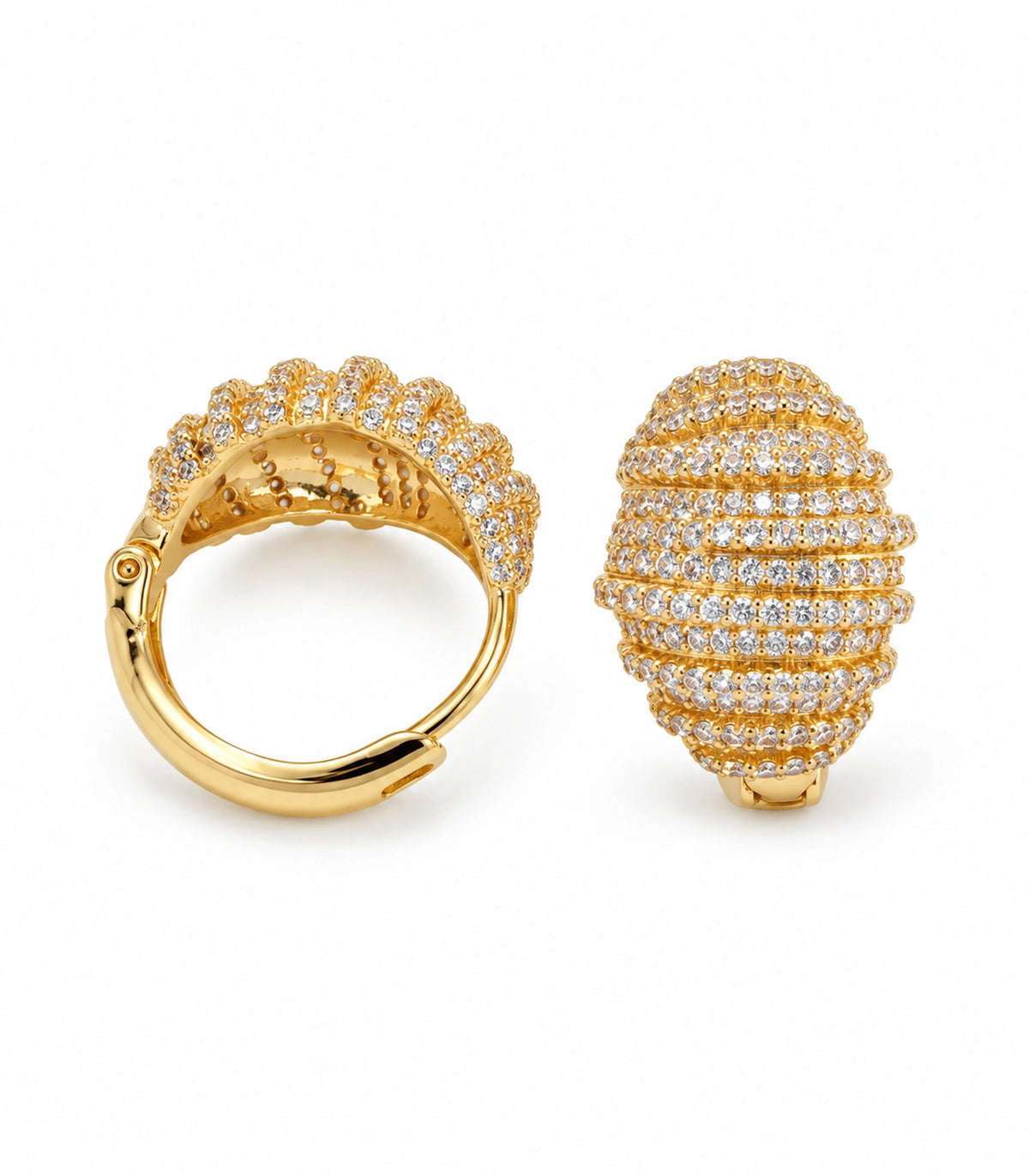 JIMIKI Crystal Ribbed Dome Huggie Earrings in Gold / Clear, white background product view #color_gold / clear