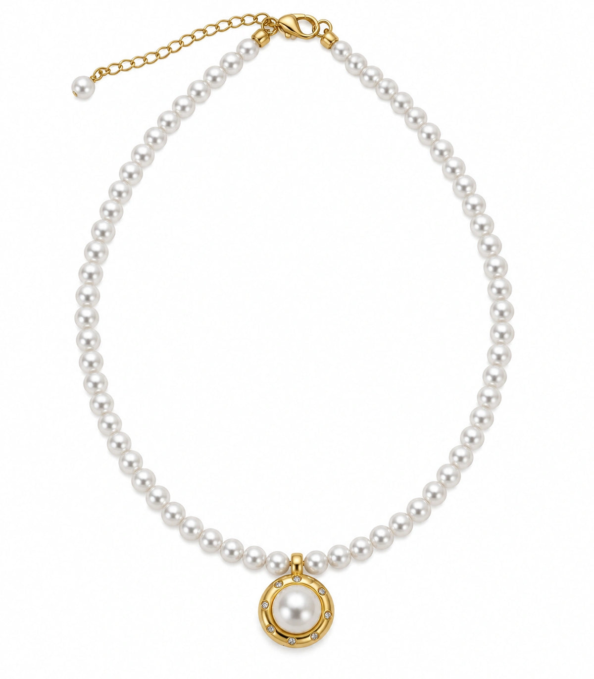 JIMIKI Gold Tone Crystal Rim Pearl Pendant Necklace in Gold / White, white background product view