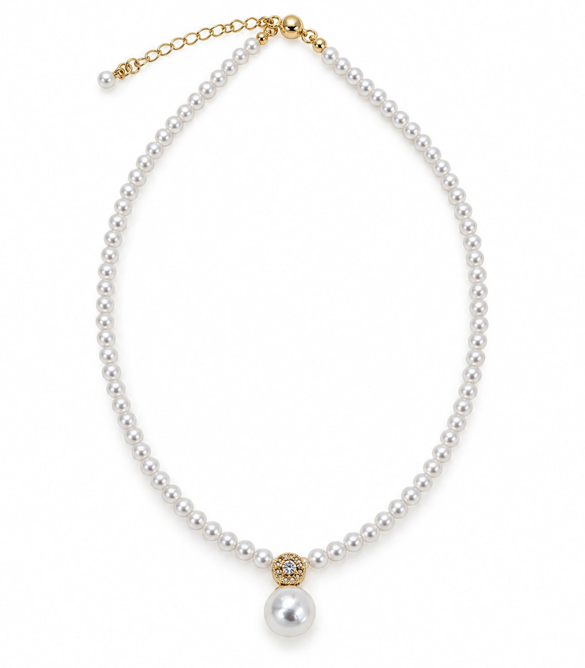 JIMIKI Gold Tone Crystal Rosette Pearl Drop Necklace in Gold / White, white background product view