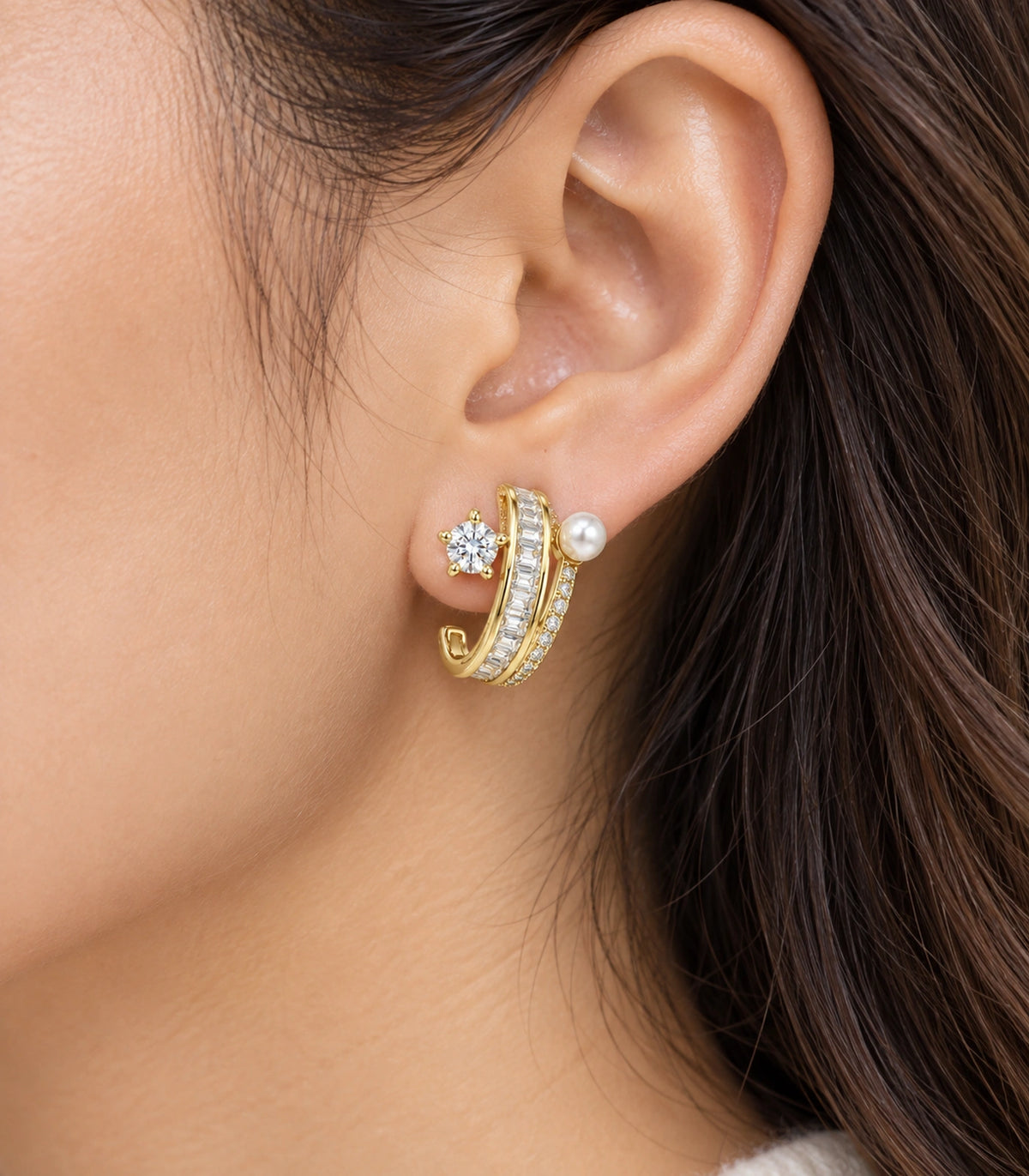 JIMIKI Gold-Tone Crystal Star Pearl Double-Row Ear Jacket Earrings in Gold / Clear / White, close-up detail
