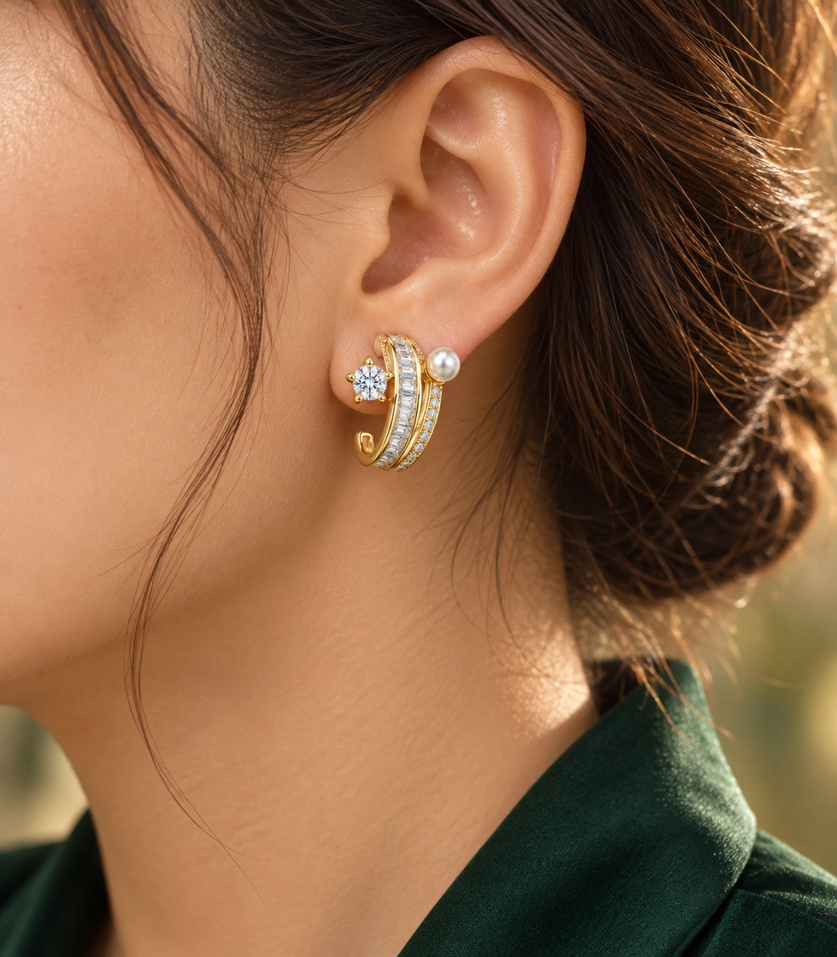 JIMIKI Gold-Tone Crystal Star Pearl Double-Row Ear Jacket Earrings in Gold / Clear / White, editorial model view