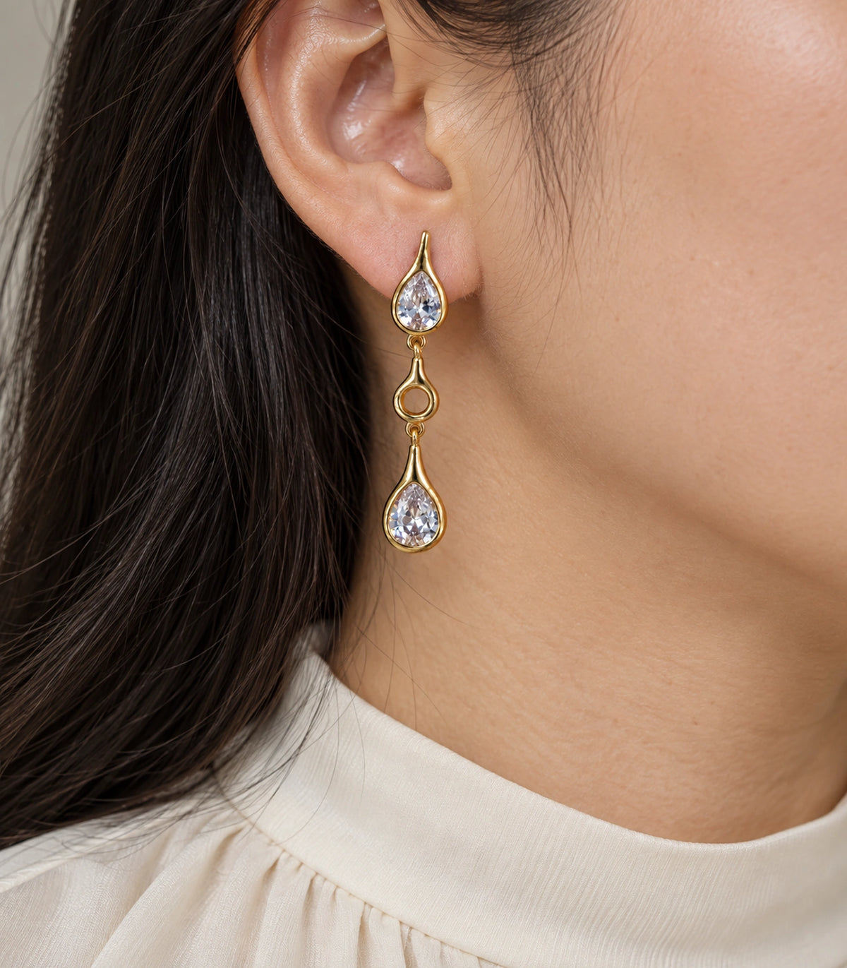 JIMIKI Crystal Teardrop Open Link Drop Earring Pair in Gold tone, close-up detail #color_gold tone