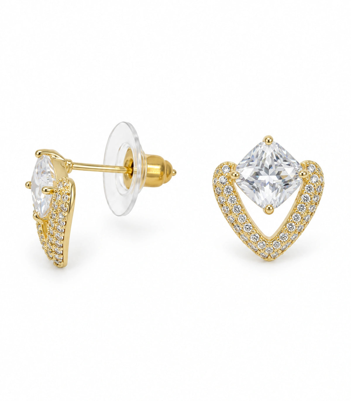 JIMIKI Gold Tone Cushion Crystal V Frame Stud Earring Pair in Gold-tone, white background product view