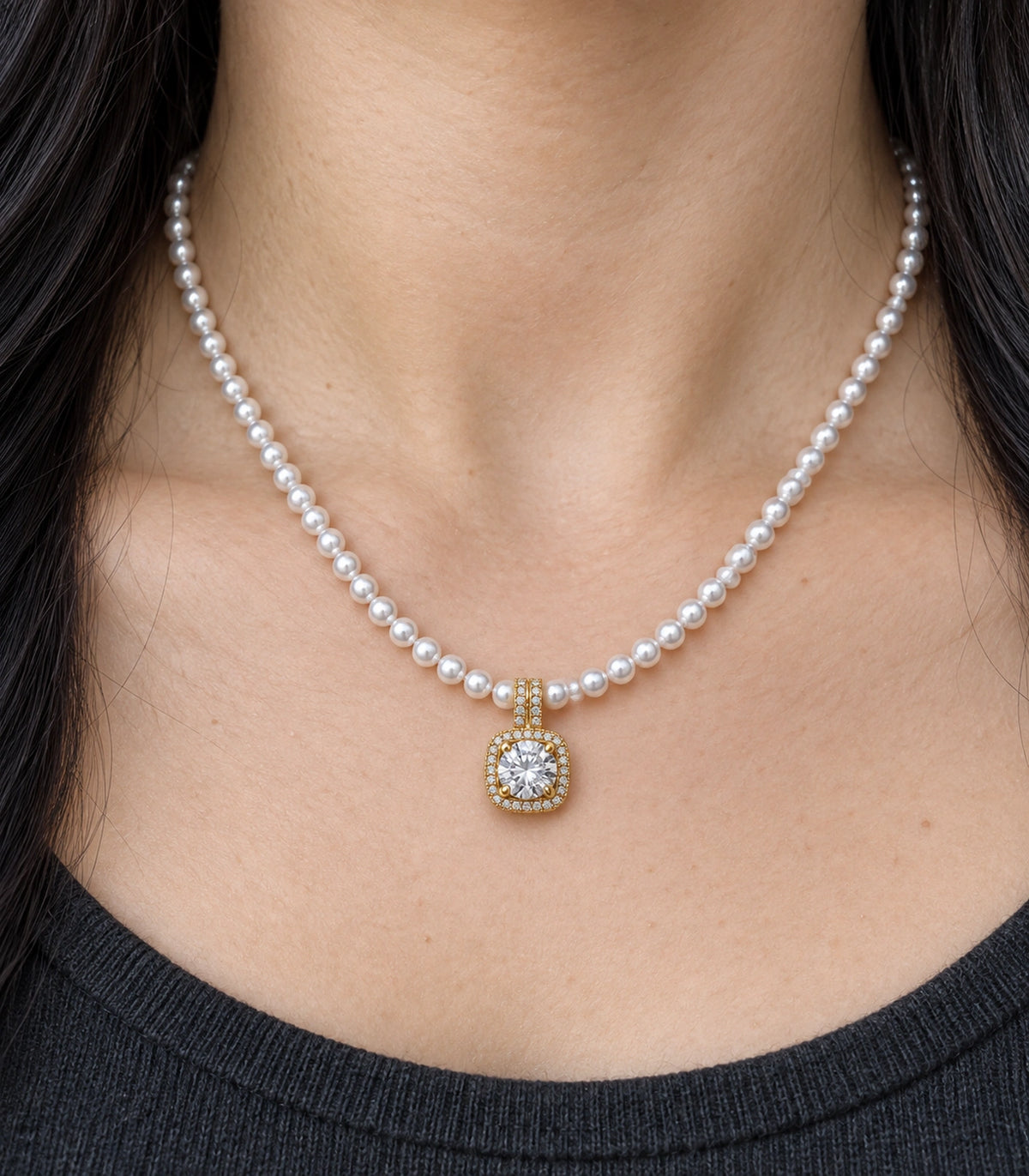 JIMIKI Gold Tone Cushion Halo Crystal Pearl Style Necklace in Gold tone / white, close-up detail