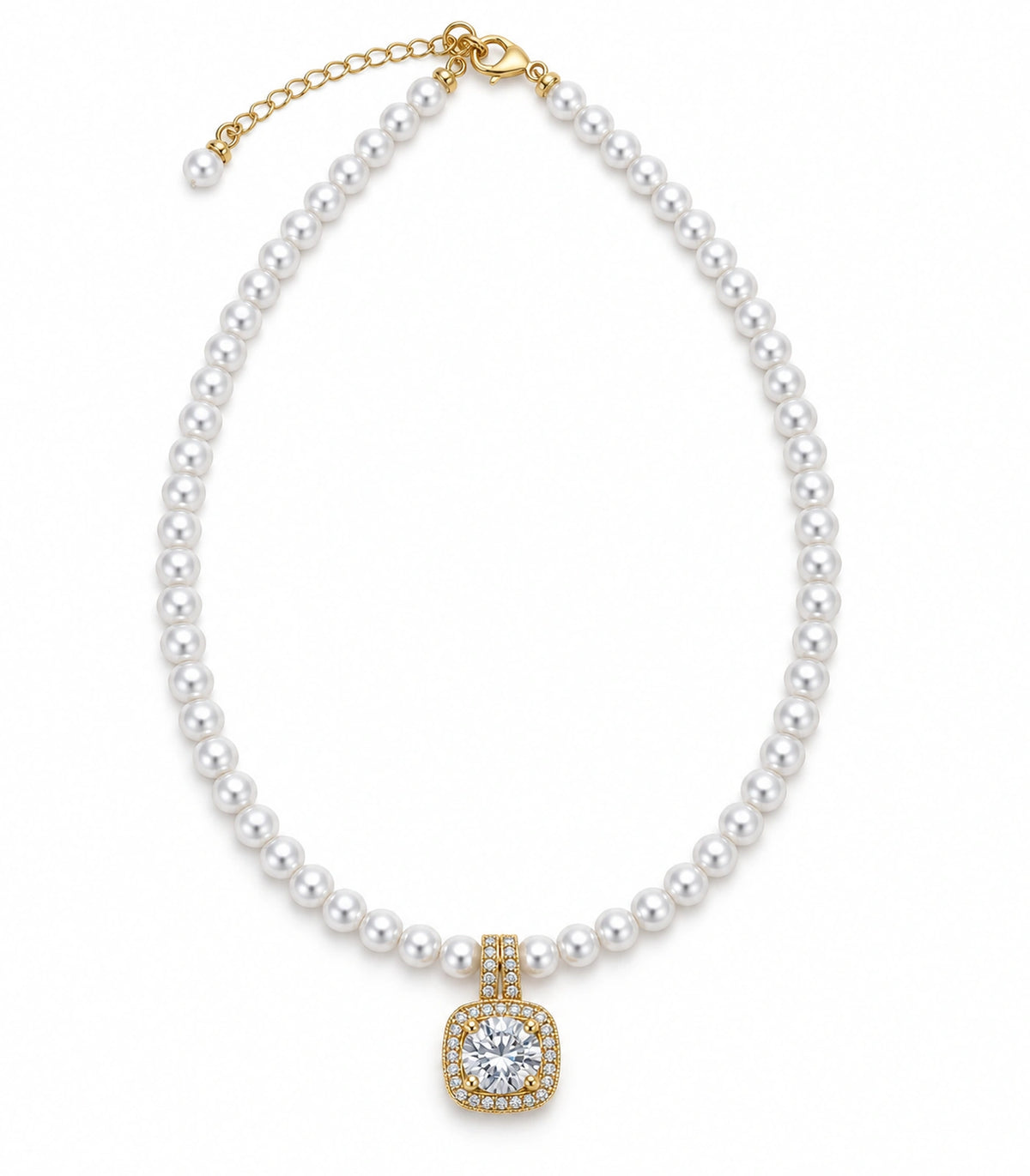 JIMIKI Gold Tone Cushion Halo Crystal Pearl Style Necklace in Gold tone / white, white background product view