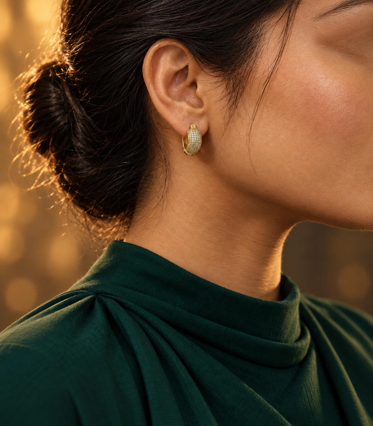JIMIKI gold-tone domed pave hinged hoop earring pair — editorial model view