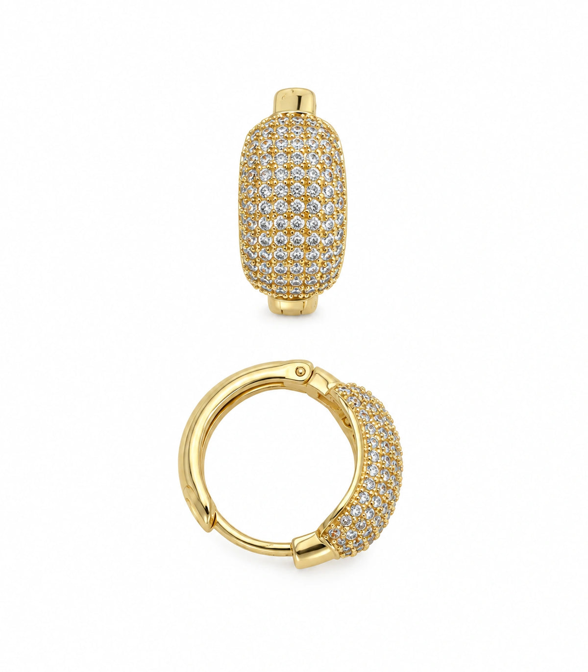 JIMIKI gold-tone domed pave hinged hoop earring pair — white background product view