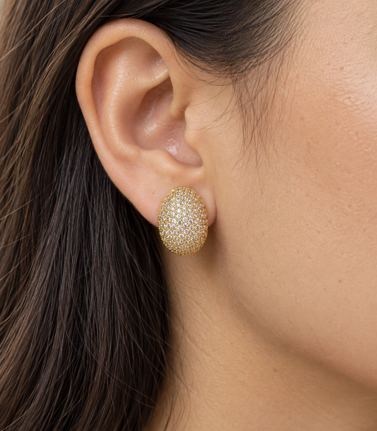 JIMIKI Domed Pave Oval Stud Earring Pair in Gold Tone, close-up detail #color_gold tone