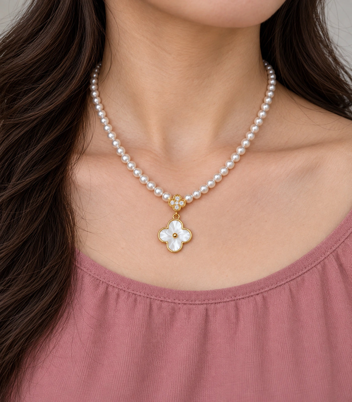 JIMIKI Gold Tone Double Clover White Inlay Pearl Necklace in Gold / White, close-up detail