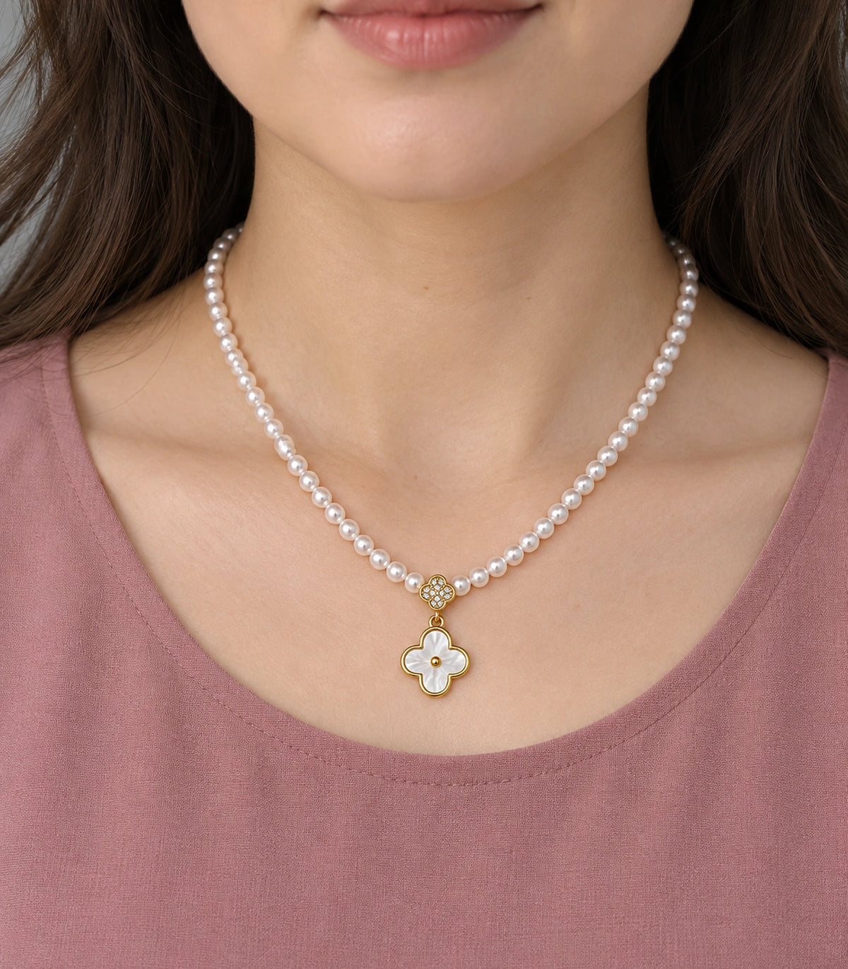 JIMIKI Gold Tone Double Clover White Inlay Pearl Necklace in Gold / White, model wearing view