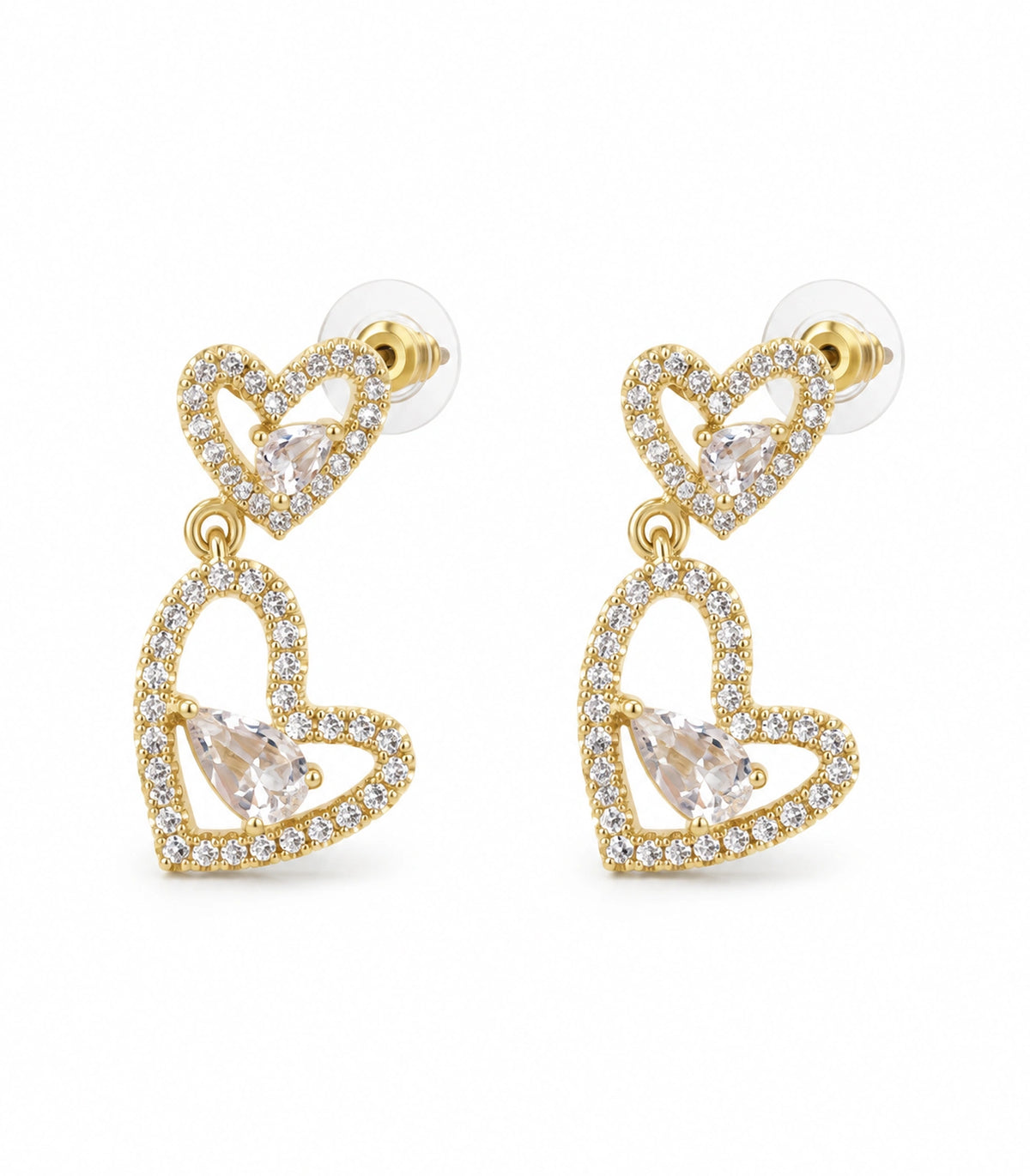 JIMIKI Double Heart Pear Crystal Drop Earrings in Gold Tone, white background product view #color_gold tone