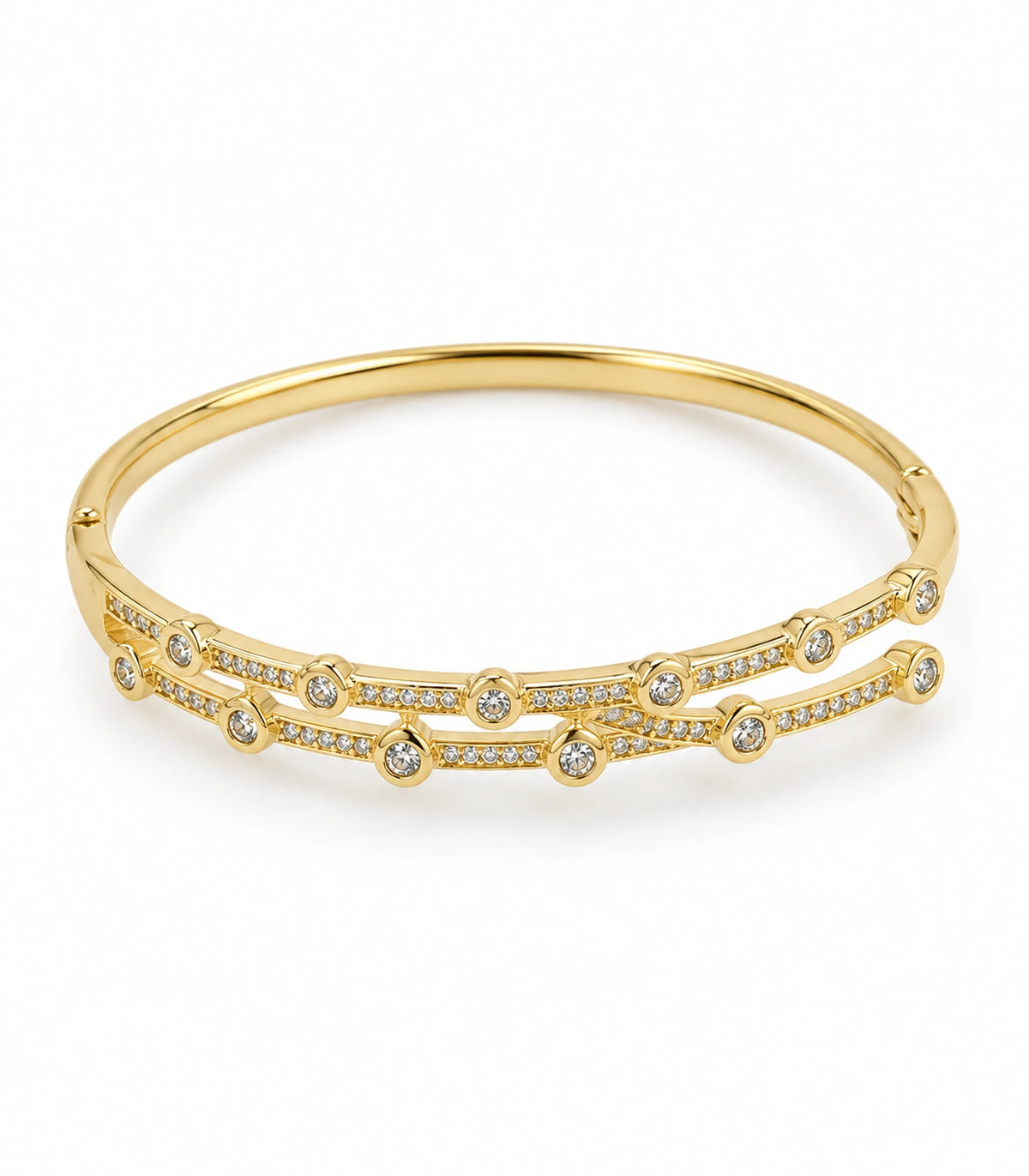 JIMIKI Gold-Tone Double Rail Bezel Crystal Bangle — bangle on white background #color_gold-tone / clear