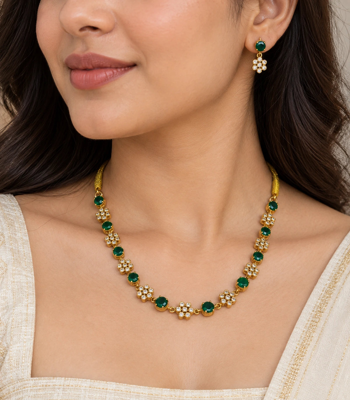 Crystal Floral Necklace Set in Emerald, close-up view #Color_Emerald