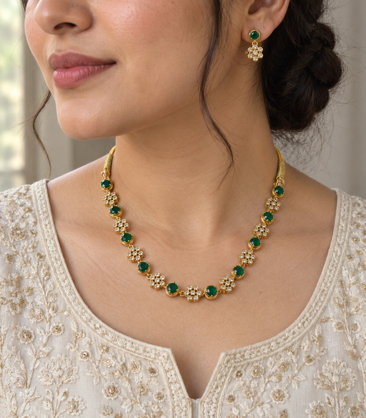 Crystal Floral Necklace Set in Emerald, model styling view #Color_Emerald