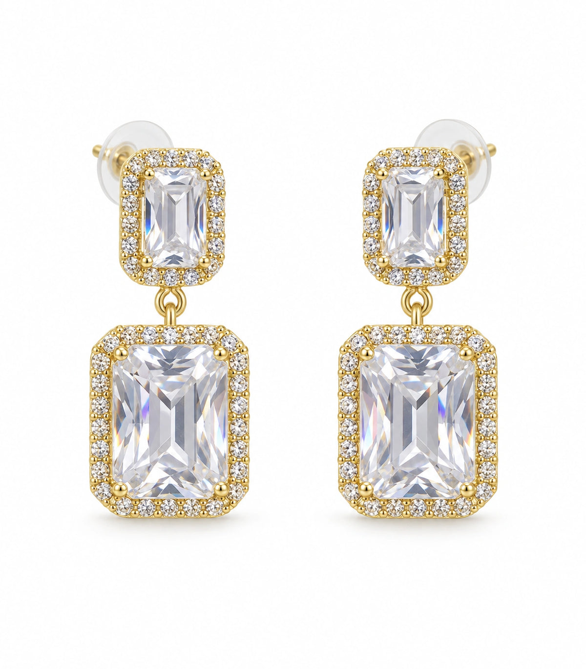 JIMIKI Gold-Tone Emerald-Cut Crystal Double Rectangle Drop Stud Earrings in Gold / Clear, white background product view