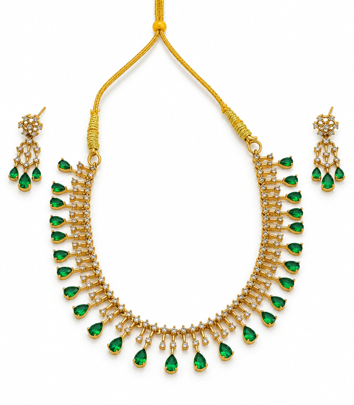 Gold-tone necklace and matching pair of earrings with emerald-green teardrop accents on white #Color_Emerald