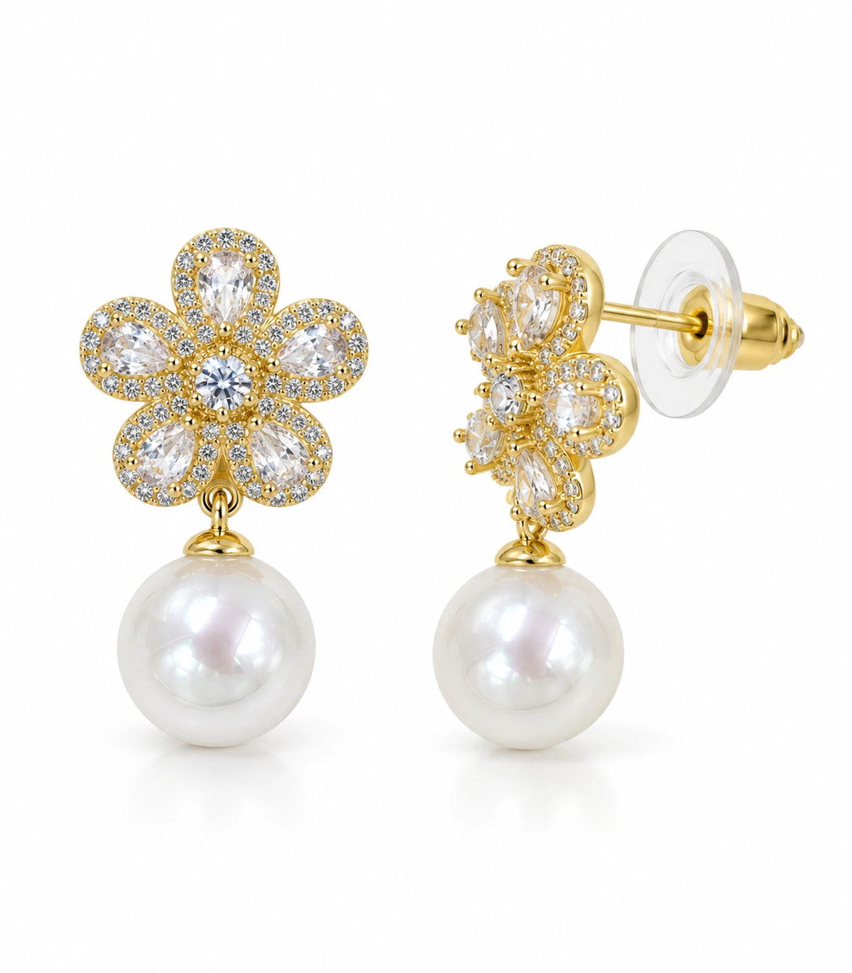 JIMIKI Five Petal Crystal Flower Pearl Drop Earring Pair in Gold-tone, white background product view #color_gold-tone