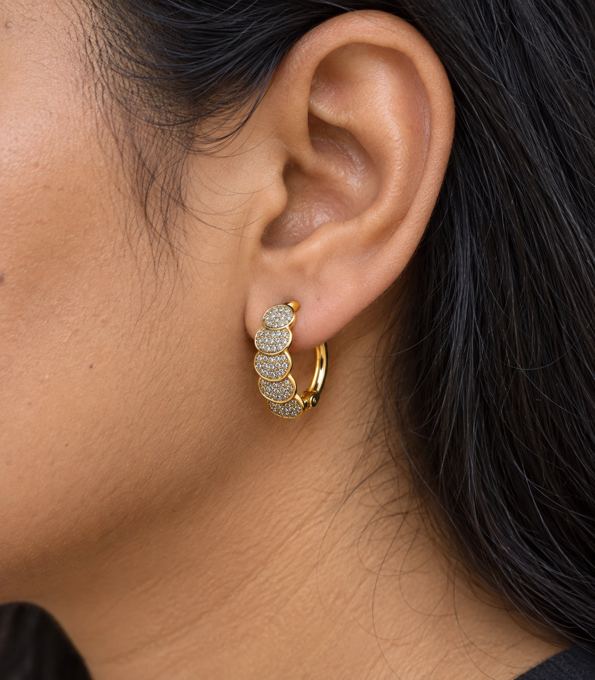 JIMIKI Five Scallop Pave Hinged Hoop Earring Pair in Gold Tone, close-up detail #color_gold tone
