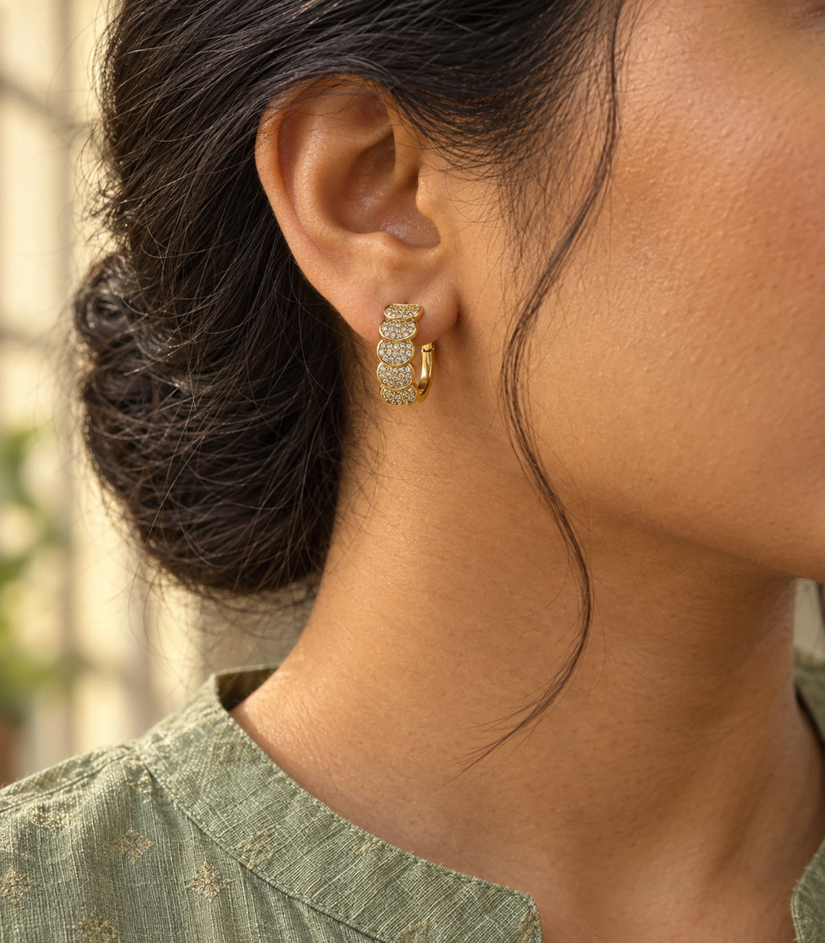 JIMIKI Five Scallop Pave Hinged Hoop Earring Pair in Gold Tone, editorial model view #color_gold tone