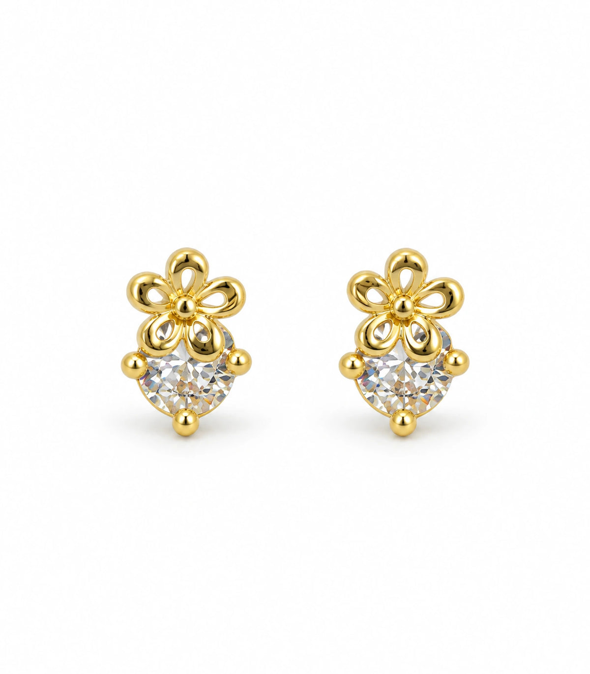 JIMIKI Gold Tone Flower Solitaire Stud Earrings — pair on white background #color_gold-tone