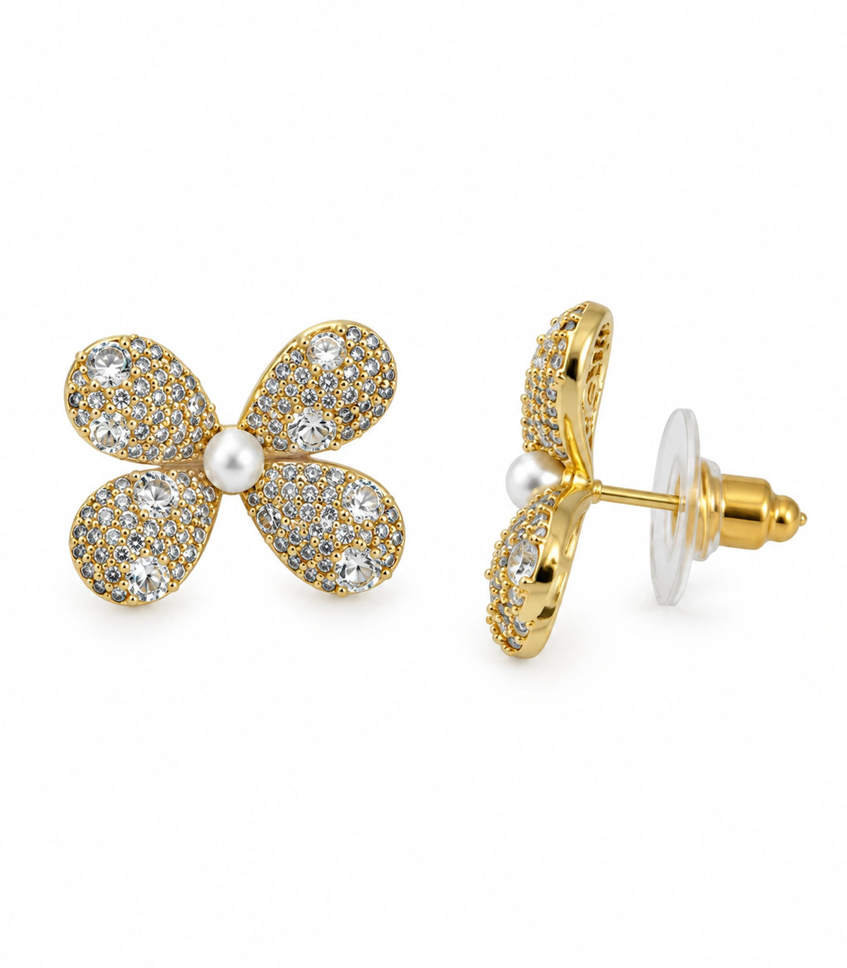JIMIKI Four Petal Pave Pearl Centre Stud Earring Pair in Gold tone, white background product view #color_gold tone