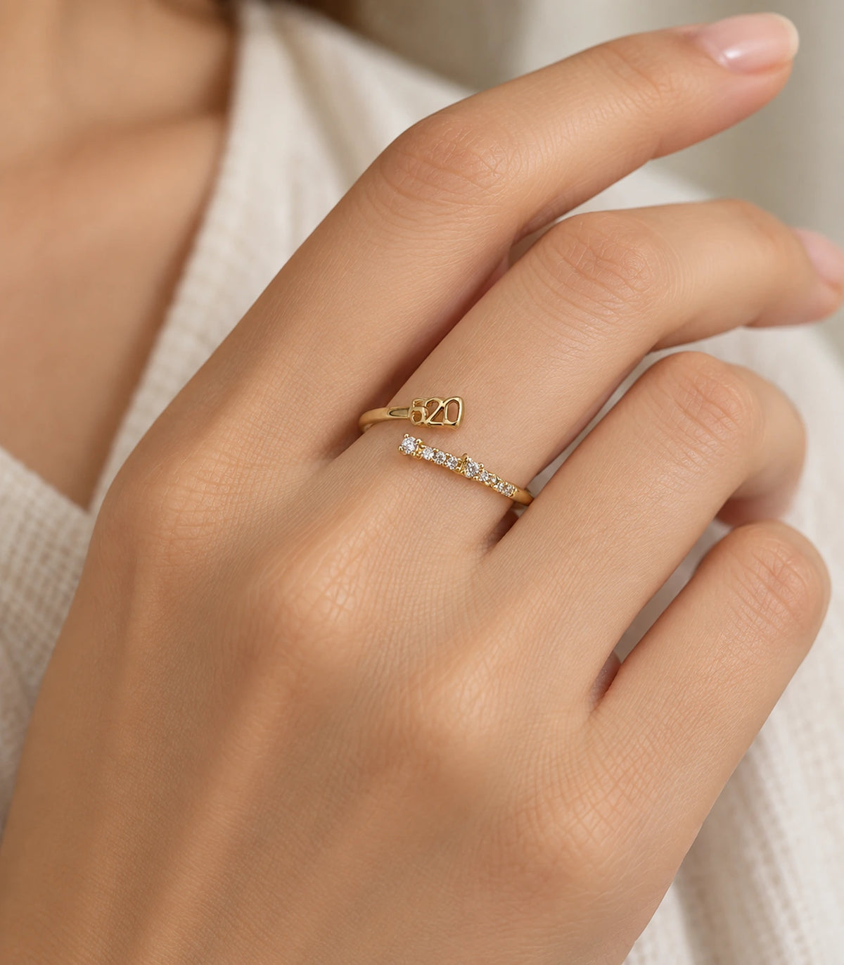 Gold Tone Geometric Pave Open Ring — Worn styling view
