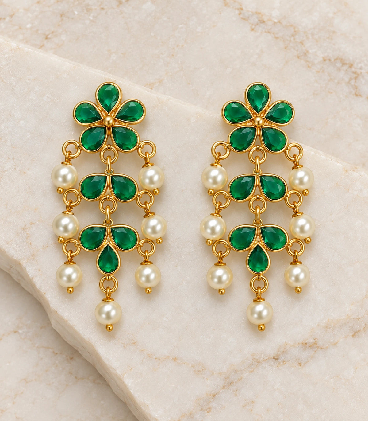 JIMIKI green floral pearl-style chandelier earrings, matching pair on stone #color_green