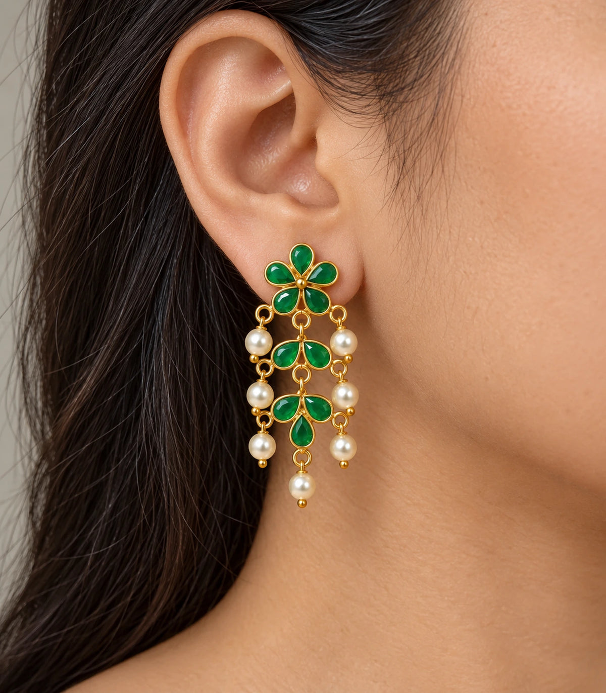 JIMIKI green floral pearl-style chandelier earrings, worn styling view #color_green