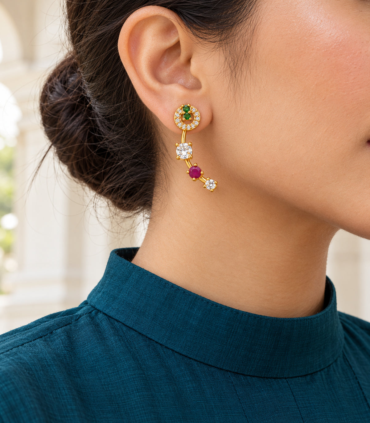 Gold-tone green and magenta curved crystal earrings - editorial model view