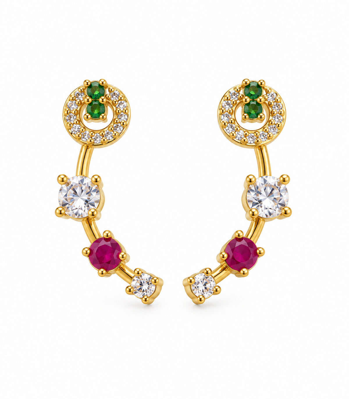 Gold-tone green and magenta curved crystal earrings, complete pair on white