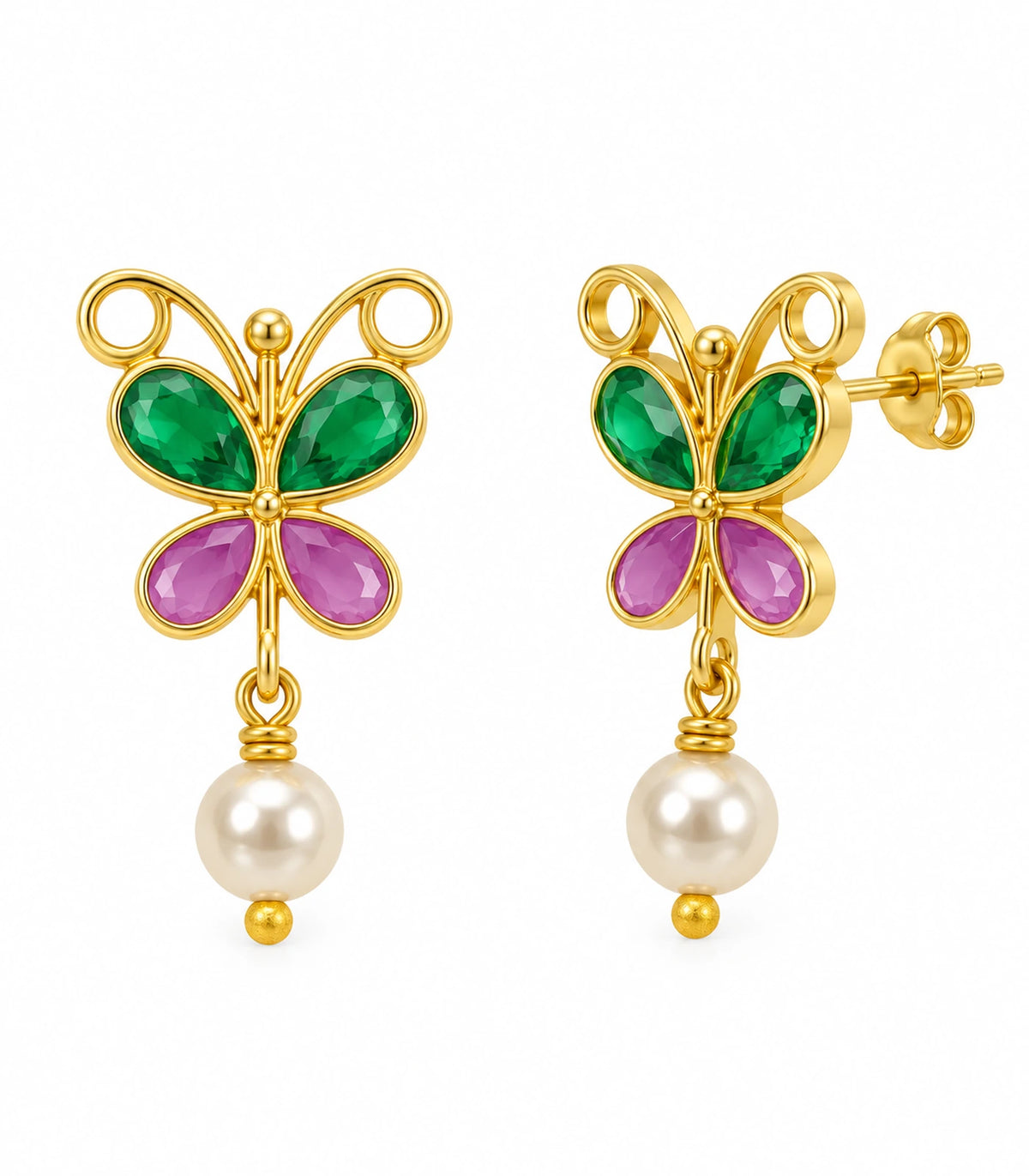 JIMIKI Green & Pink butterfly pearl drop earrings, pair on a white background #color_green-pink