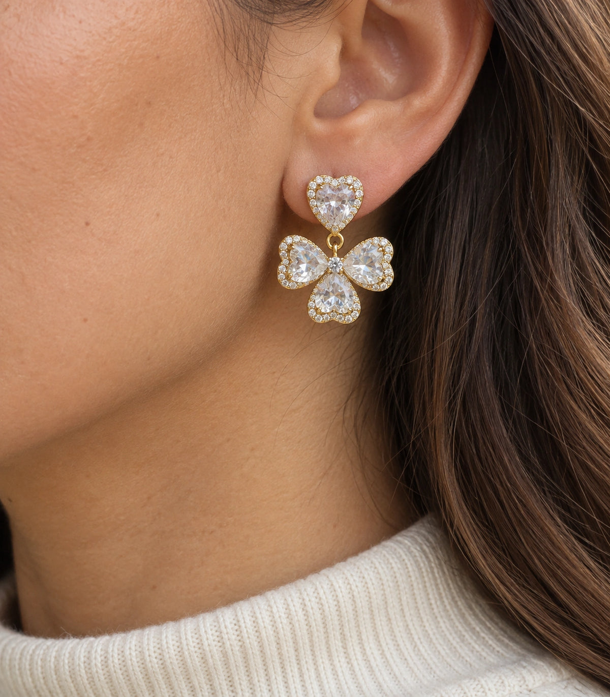 JIMIKI Heart Crystal Three Petal Drop Earring Pair in Gold-tone, close-up detail #color_gold-tone