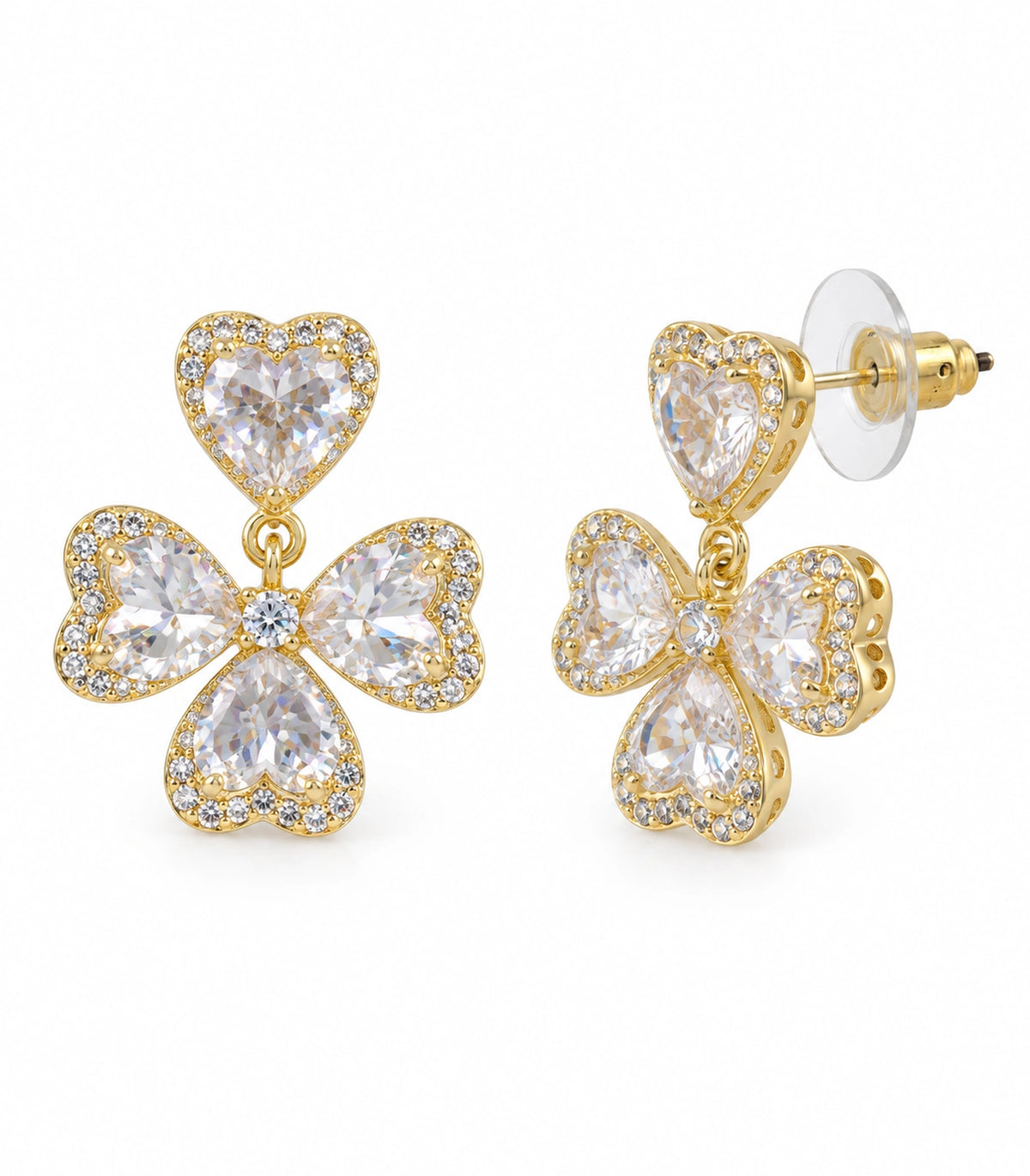 JIMIKI Heart Crystal Three Petal Drop Earring Pair in Gold-tone, white background product view #color_gold-tone