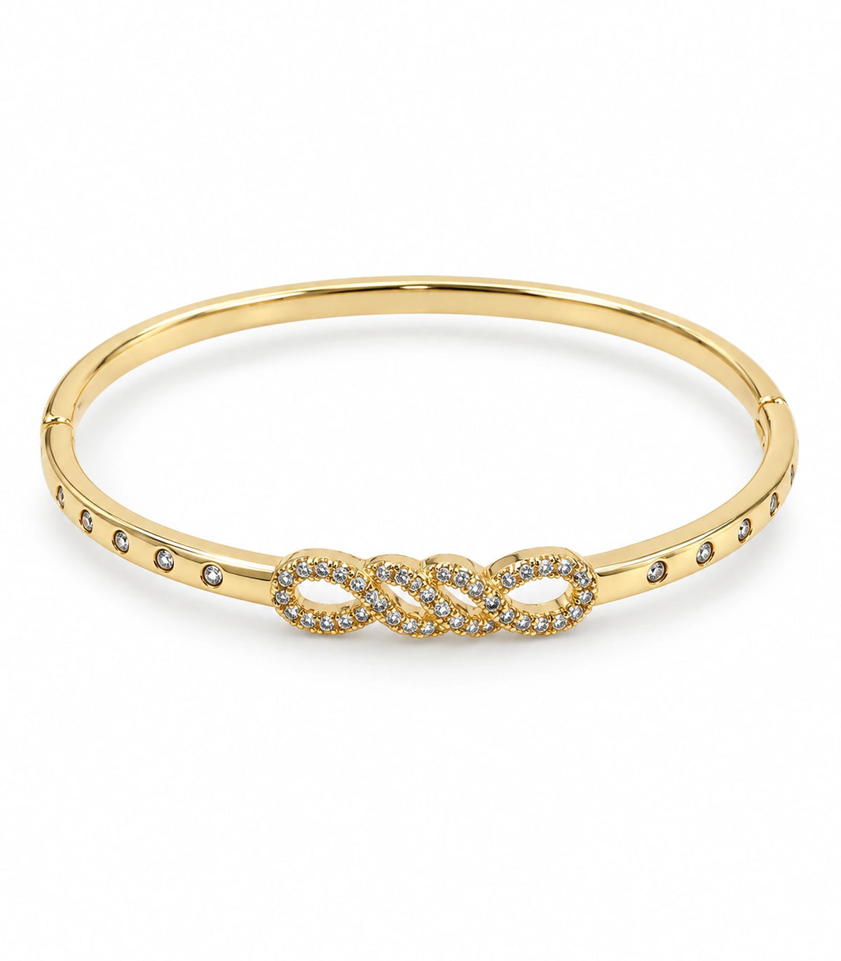 JIMIKI Gold-Tone Infinity Knot Bezel Stone Bangle — bangle on white background #color_gold-tone / clear