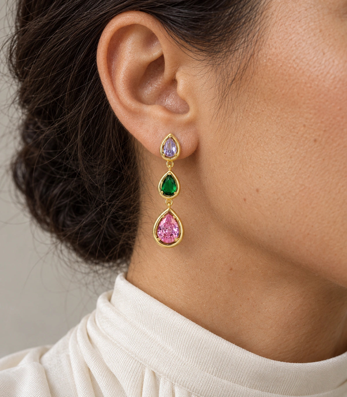 JIMIKI Gold Tone Lilac Green Pink Triple Teardrop Earring Pair in Gold tone / lilac, green, pink, close-up detail