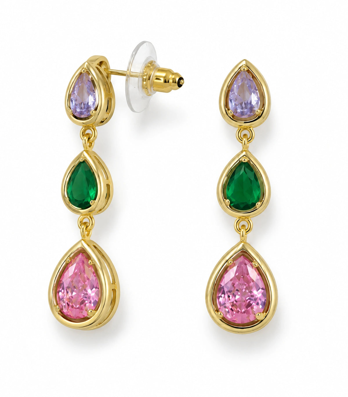 JIMIKI Gold Tone Lilac Green Pink Triple Teardrop Earring Pair in Gold tone / lilac, green, pink, white background product view