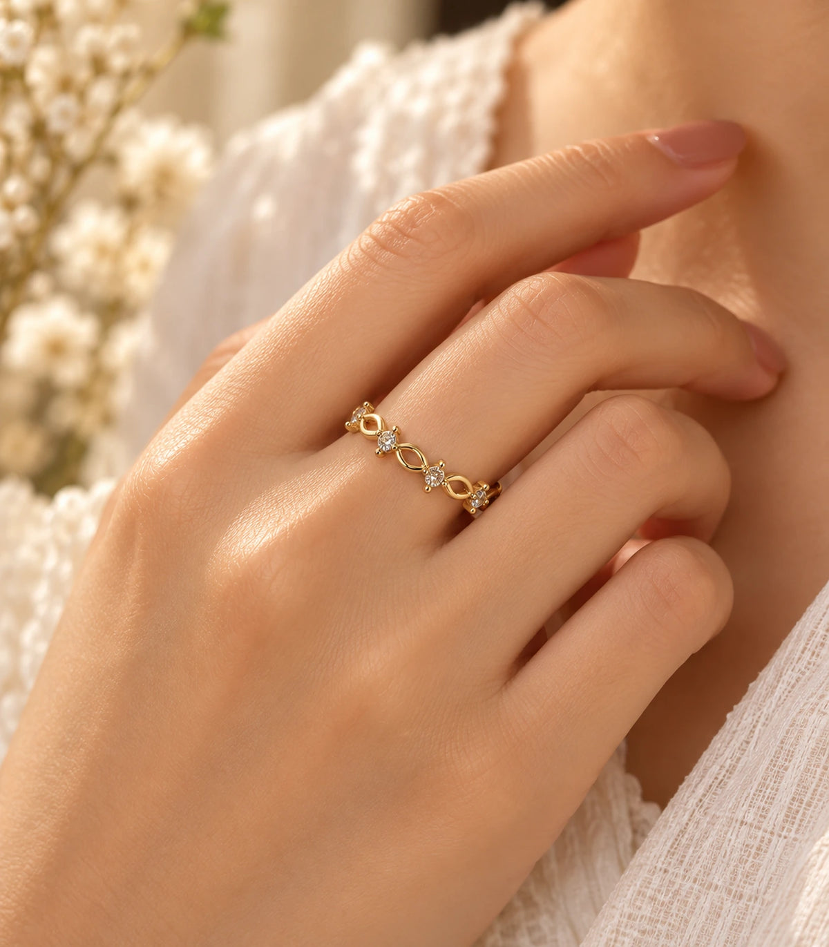 JIMIKI Gold Tone Linked Leaf Crystal Ring in Gold Tone - editorial worn view #color_gold-tone