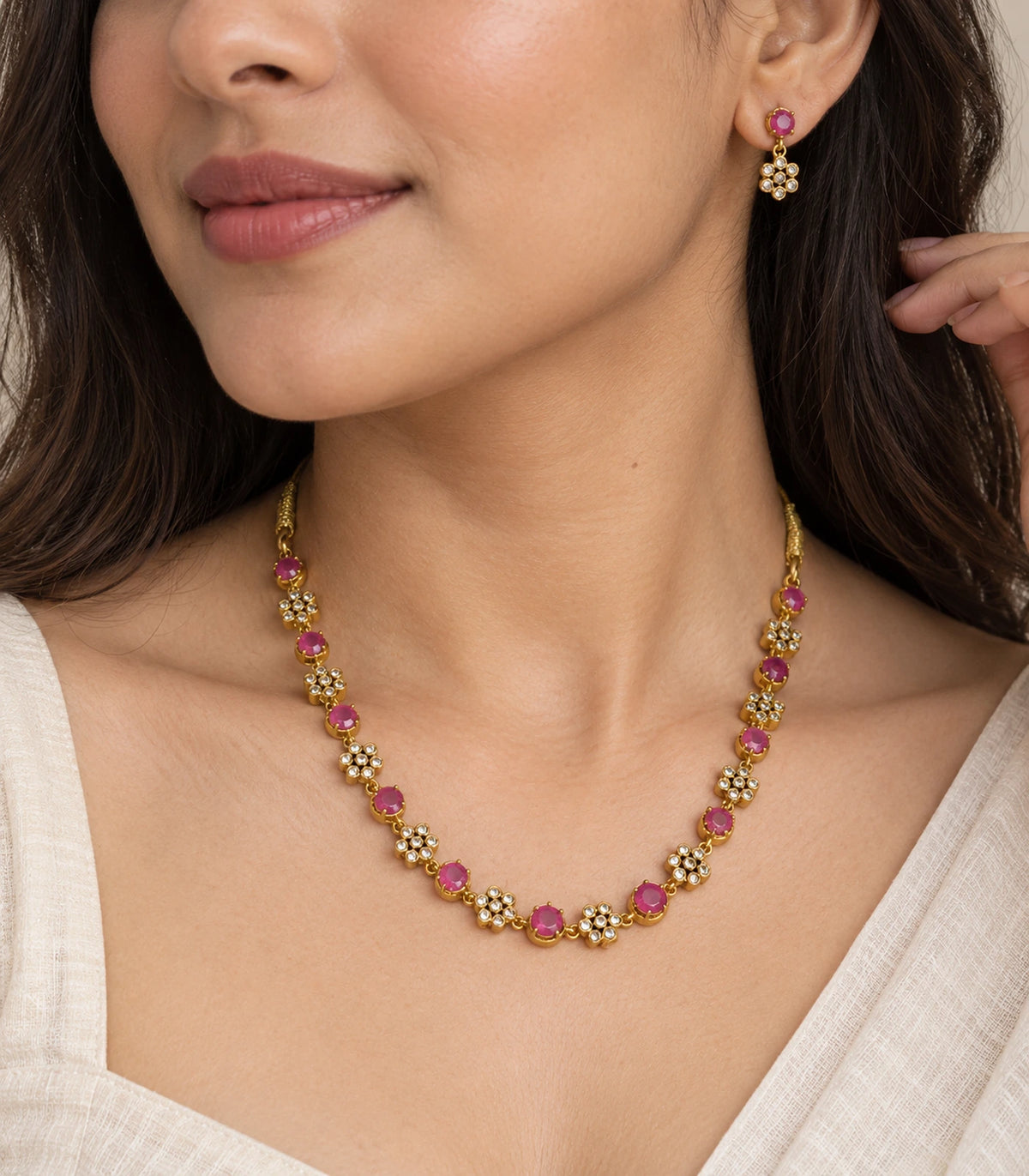 Crystal Floral Necklace Set in Magenta, close-up view #Color_Magenta