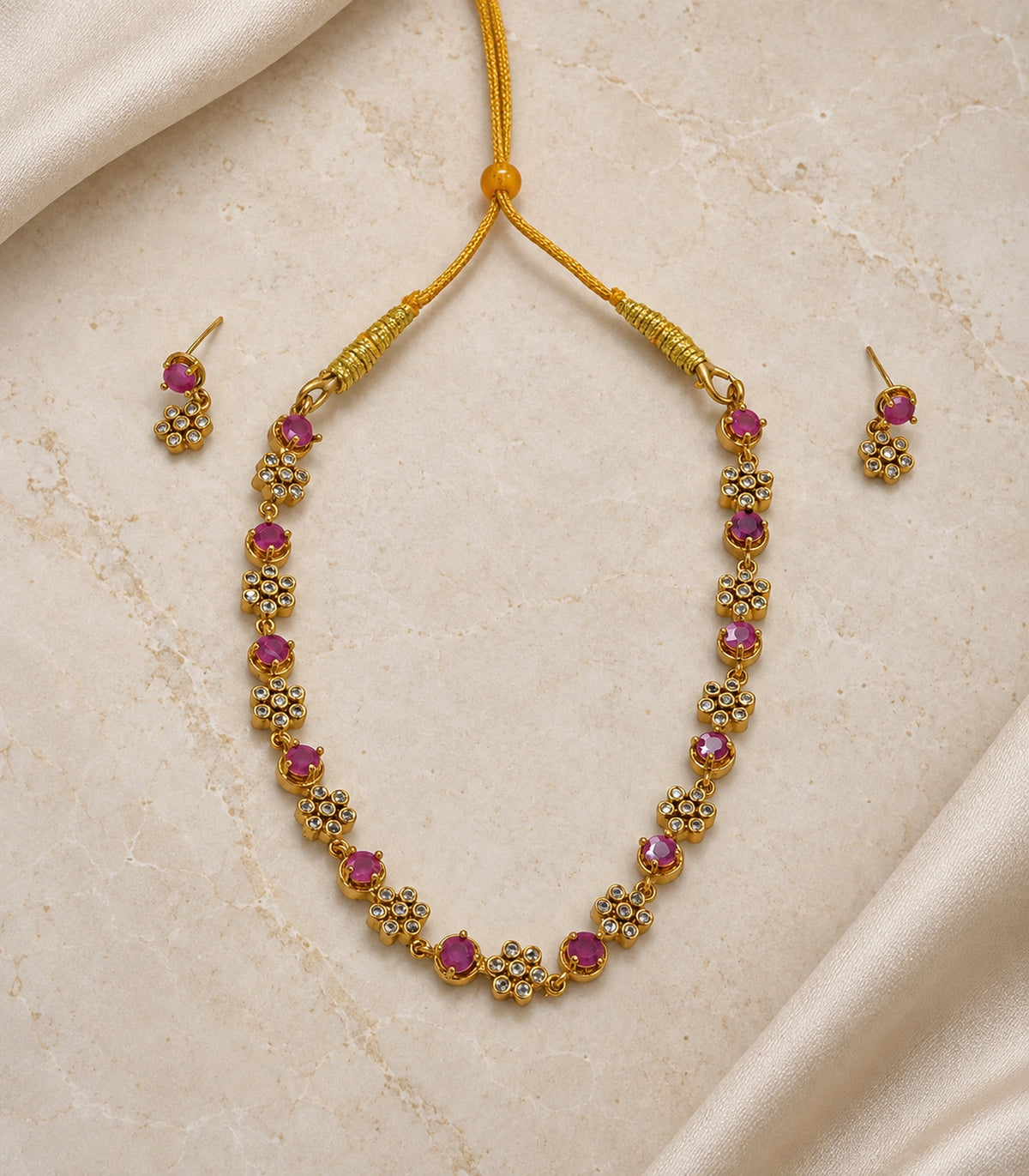 Crystal Floral Necklace Set in Magenta, editorial flat lay view #Color_Magenta