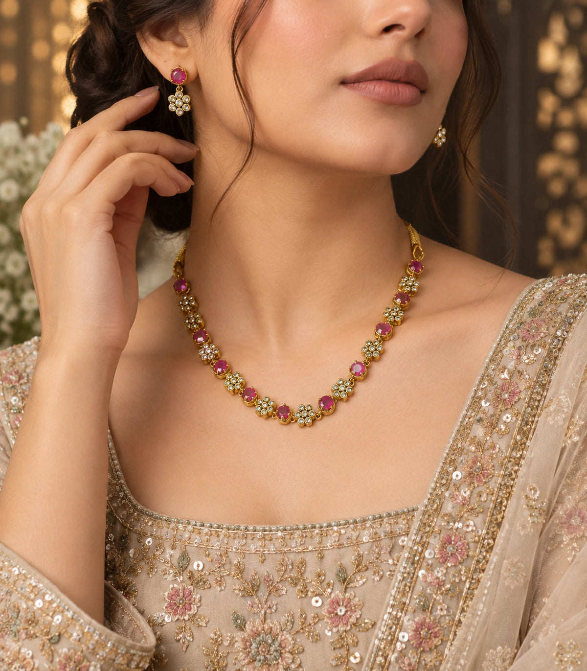 Crystal Floral Necklace Set in Magenta, editorial model view #Color_Magenta