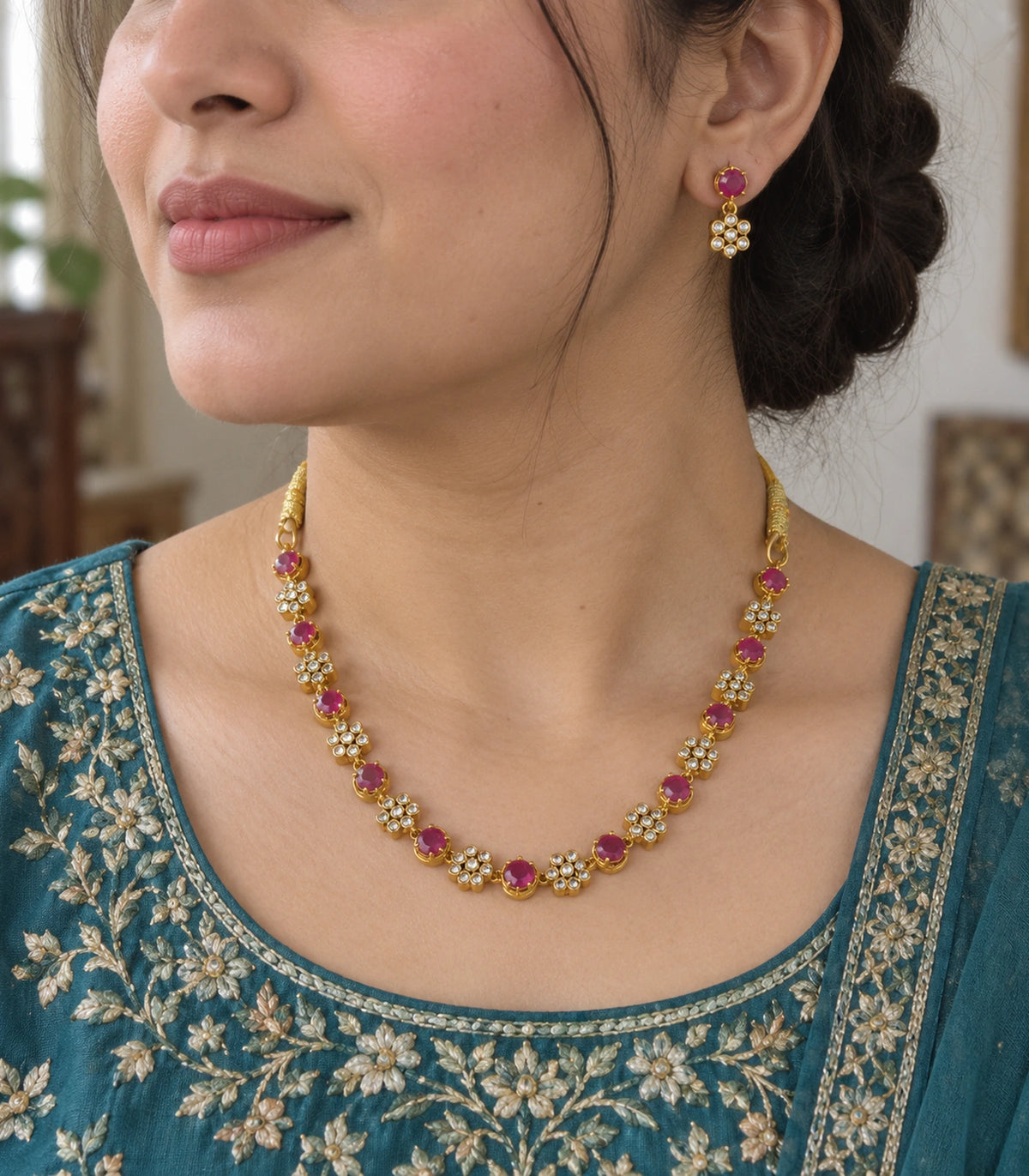 Crystal Floral Necklace Set in Magenta, model styling view #Color_Magenta