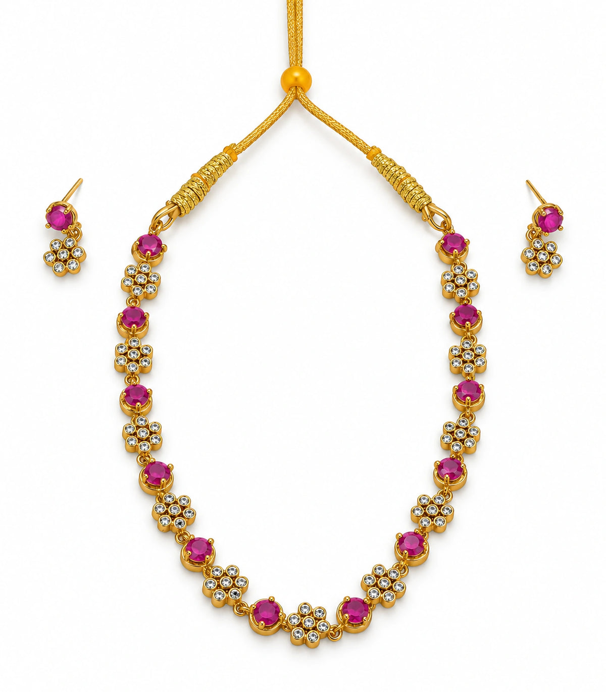 Crystal Floral Necklace Set in Magenta, white-background product view #Color_Magenta