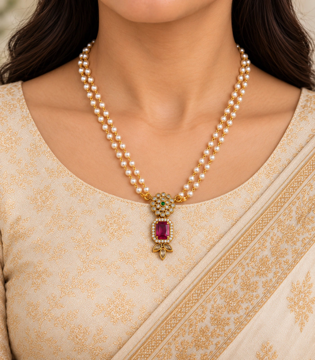One magenta-green cluster pendant necklace with twin white bead strands and three marquise tips, worn over modest cream clothing; ears and eyes outside frame.