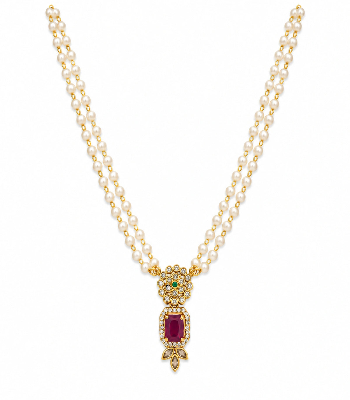 One gold-tone necklace with twin white pearl-style bead strands, green-centre cluster, magenta rectangle and three marquise tips on white.