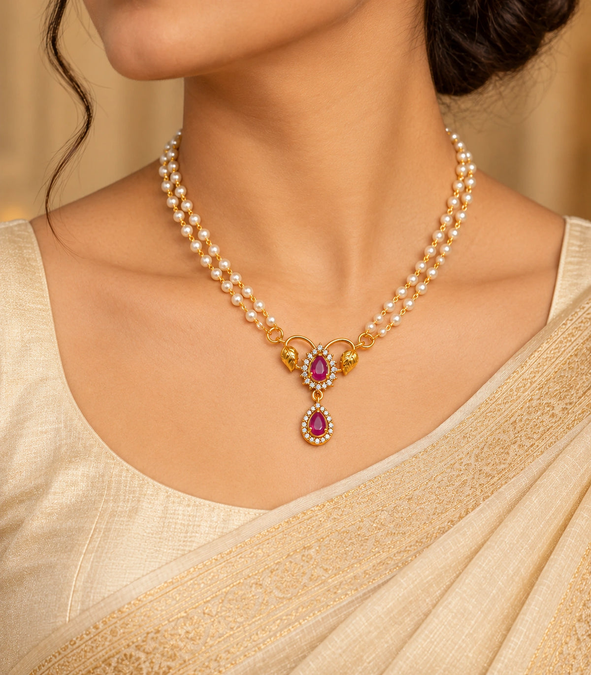 One magenta leaf pendant necklace worn in a turned pose over modest cream clothing, with ears and eyes outside frame.