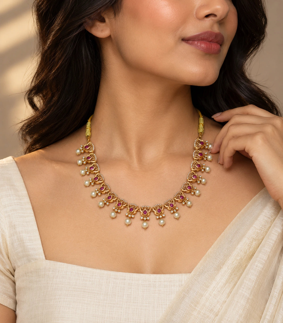 Gold Tone Magenta Pearl Leaf Collar Necklace in an occasion styling view