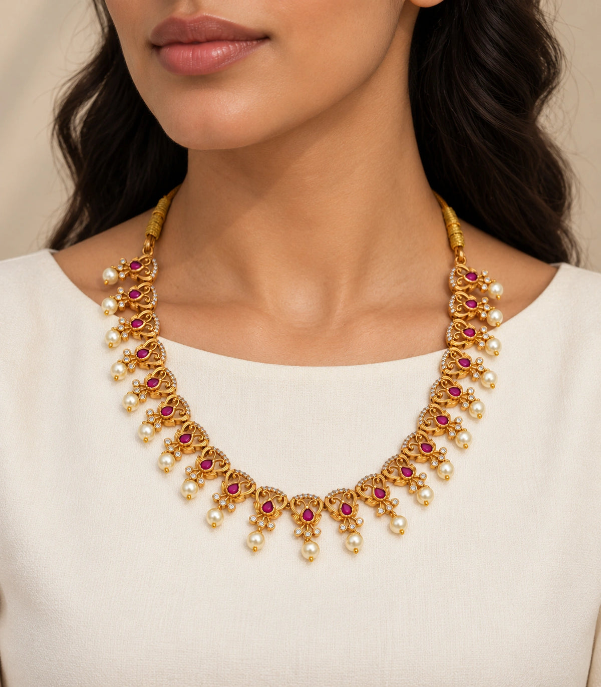 Gold Tone Magenta Pearl Leaf Collar Necklace shown with an ivory outfit