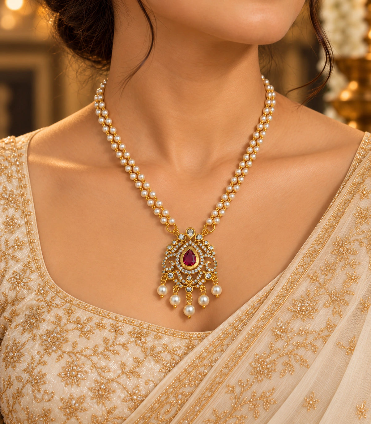 One magenta pendant necklace with twin white bead strands and five pearl drops, worn in a turned pose; ears and eyes outside frame.