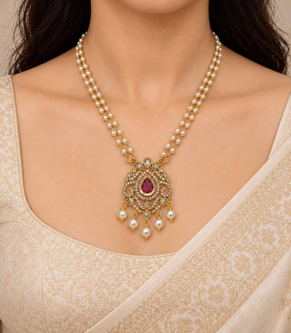 One magenta pendant necklace with twin white bead strands and five pearl drops, worn over modest cream clothing; ears and eyes outside frame.