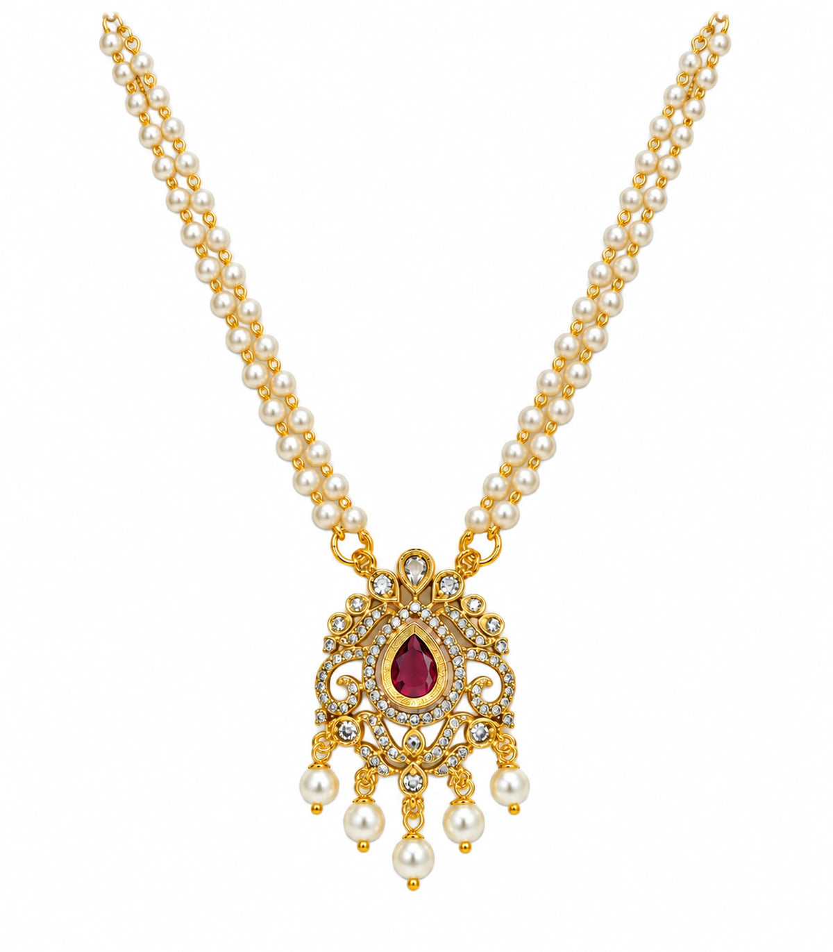 One gold-tone necklace with twin white pearl-bead strands, magenta teardrop pendant and five pearl drops on white.